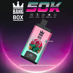 Bang Box vape device featuring a cartoon alien with a blaster, product branding, and flavor description for Apple Pear & Kiwi Passion Fruit Guava against a neon gradient background.