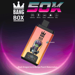 Bang Box disposable vape device featuring a colorful design with a green alien illustration, product branding, and labeled flavors Black Dragon Ice and Mango Peach Watermelon, set against a dark gradient background with neon accents and product specifications noted above.