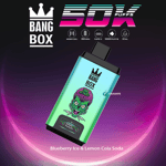 Colorful Bang Box vape device with a cartoon zombie face design, surrounded by branding and feature highlights including mesh coil, 850mAh battery, Type-C charging, 50,000 puffs, 22ml capacity, and labeled flavor 'Blueberry Ice & Lemon Cola Soda'.