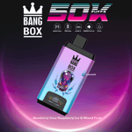 Colorful Bang Box vape device with cartoon alien design, highlighting 50,000 puffs, mesh coil, 850 mAh battery, Type-C charging, 22 ml capacity, and flavor blueberry sour raspberry ice & mixed fruit.
