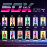 Colorful advertisement for Bang Box disposable vapes featuring twelve different flavors, each with unique illustrated characters and corresponding flavor names displayed below each vape device, set against a neon, futuristic background with '50K PUFFS' highlighted at the top.