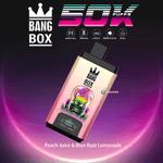 Bang Box 50K Puff disposable vape device with a colorful alien brain graphic, specifications icons, and the flavor Peach Juice & Blue Razz Lemonade.