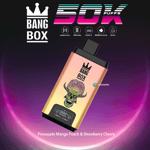 Bang Box 50K disposable vape with a colorful skull design, featuring Pineapple Mango Peach & Strawberry Cherry flavors, set against a gradient purple and pink background with product specifications displayed above.