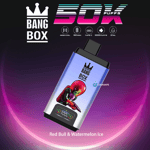 Bang Box disposable vape with a Mars Attacks-style alien graphic, labeled as Red Bull & Watermelon Ice flavor, highlighting features like mesh coil, 850 mAh battery, Type-C charging, 50,000 puffs, and 22 ml capacity, against a neon gradient background.