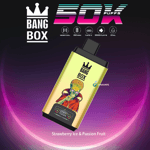 Bang Box disposable vape device featuring a cartoon alien in a red cape on the front, with branding and specifications like 50,000 puffs, mesh coil, 850 mAh battery, type-C charging, 22ml capacity, and labeled flavor 'Strawberry Ice & Passion Fruit' against a purple gradient background.