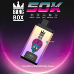 Bang Box disposable vape device with colorful packaging, featuring a cartoon alien head illustration, flavors listed as Strawberry Kiwi & Double Grape, and specifications highlighting 50,000 puffs, mesh coil, 850 mAh battery, Type-C charging, and 22 ml capacity.