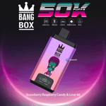 Bang Box vape device with a colorful gradient design, illustrated green alien face, and text advertising 50,000 puffs and Strawberry Raspberry Candy & Love 66 flavors.