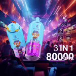 Image promotionnelle du vape électronique BANG DE avec écran LED, comprenant des saveurs 3-en-1, une batterie de 650 mAh, une capacité de 20 ml et 80 000 bouffées, présentée dans un décor de discothèque animé.