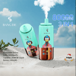 Deux appareils de vape jetables BANG DE colorés avec un personnage de dessin animé et des accents bleus, affichés sur du sable avec des plantes, des nuages ​​et un texte mettant en valeur 80 000 bouffées et des fonctionnalités 3 en 1.