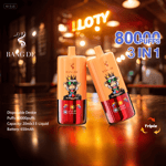 Deux appareils de vape jetables BANG DE orange et rouge avec un singe de dessin animé portant des lunettes de soleil, affichés sur une table de bar avec des néons et un texte mettant en évidence 80 000 bouffées et une fonction 3 en 1.
