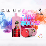 Appareil de vape coloré étiqueté ' BANG DE ' avec un motif de personnage de dessin animé, offrant ' saveur 3 en 1 ', ' 8 000 bouffées ' et une batterie ' 650 mAh ', entouré de fumée vibrante dans des teintes bleues, roses et orange.