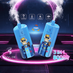 Two blue Bang De disposable vapes with cartoon monkey graphics, emitting vapor, surrounded by neon lights, promoting 3-in-1 flavors, 650mAh battery, 20ml×3 volume, and type-C charging with '80,000 puffs' text.