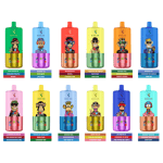 Douze appareils de vape Bang DE colorés, chacun présentant des singes de dessins animés vibrants et des combinaisons de couleurs distinctes, disposés en deux rangées avec des étiquettes de saveur correspondantes sous chaque appareil.