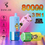Stylos à vape Bang De colorés avec des motifs de singes de dessins animés, comprenant 80 000 bouffées, des options de saveurs 3 en 1, un écran e-liquide, une batterie de 650 mAh et une charge de type C sur fond dégradé.