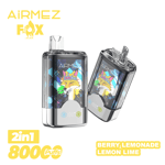 Two transparent, rectangular vape devices with colorful fox artwork and crowns, branded AiRMEZ Fox, shown on a white background with bold yellow text noting 2in1 800 Puffs and Berry Lemonade Lemon Lime flavor.