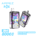 Two translucent AirmEz Fox 2-in-1 disposable vape devices with blue fox artwork on purple panels, branded AirmEz Fox, shown for the Blue Razz Lemonade flavor.