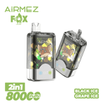 Two Airmex Fox disposable vapes with a stylized fox design on the front and text indicating 2-in-1 device with 8000 puffs, available in Black Ice and Grape Ice flavors