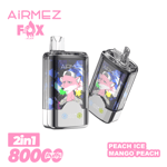 Two transparent vape devices with colorful art on their screens, angled side by side on a white background, featuring pink AiRMEZ branding and a fox logo, with '2in1 800 Puffs' at the lower left and 'Peach Ice Mango Peach' flavor label at the lower right.