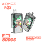 Two transparent AiRMEZ FOX vaping devices with a cartoon dog wearing a beanie and a red shirt on their screens, with text indicating 2 in 1, 8000 puffs, and tropical fruit flavor Love 66, with the AiRMEZ FOX logo above.