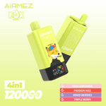 Two lime green and black disposable vape devices with a fox wearing a propeller hat on the front device, branded AiRMEZ 4 IN 1 with 12000 puffs capacity, listing flavors Pink Lemonade, Passion Kiss, Mixed Berries, and Triple Berry against a gradient background with the AiRMEZ Fox logo and 4-in-1 12000 puffs text.