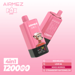 Two pink AiRMEZ Fox 4-in-1 disposable vape devices with a fox character illustration, one showing 12000 puffs and flavor options red mojito, love 66, mixed berries, and strawberry watermelon on a pink gradient background.