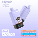 Two light purple vape devices with black bases, featuring a fox wearing sunglasses and a hat on one device, text reading AiRMEZ 4 IN 1 and 12000 puffs, set against a gradient background with flavor labels for Watermelon Ice, Strawberry Watermelon, Raspberry Watermelon, and Blueberry Raspberry.
