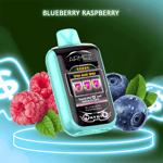 A mint green AirMEZ vaping device with a slot machine graphic showing triple sevens and the text 'Spin and Win' on its screen, surrounded by fresh blueberries and raspberries, with 'BLUEBERRY RASPBERRY' text above and a neon dollar sign symbol in the background.