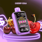 A purple vape device labeled AirMEZ with a digital screen showing a slot machine winning 777, surrounded by fresh cherries and a splash of cola, with "CHERRY COLA" text above on a dark background with purple neon highlights.