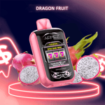 A pink vape device labeled "AirMEZ" with a slot machine display showing "777" surrounded by sliced dragon fruit and neon dollar sign icons, against a dark background with the text "DRAGON FRUIT" above.