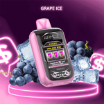 Pink and black AirMEZ Grape Ice vaping device with slot machine design on display, surrounded by fresh grapes and ice cubes on a purple glowing platform.