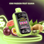 A green and black Airmez vape device with a slot machine display showing triple sevens and labeled Kiwi Passion Fruit Guava, surrounded by passion fruit halves, guava, and kiwi slices against a dark purple and green glowing background.
