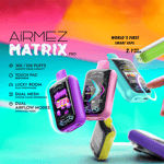 Promotional image of AiRMEZ MATRIX PRO smart vape devices in purple, pink, and teal colors showing their 2.1 inch screens and advertised features like 20K/30K puffs capacity, responsive touch pad, dual mesh airflow, and lucky room mode, with a finger interacting with the teal device