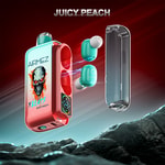 Bezprzewodowe słuchawki douszne i etui ładujące w czerwono-turkusowym wzorze z grafiką w kształcie czaszki i napisem 'Airmez X Beats Juicy Peach' na gradientowym tle ze skalistym terenem u dołu.