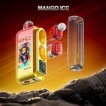 Czerwone bezprzewodowe słuchawki douszne z etykietą Airmez z etui ładującym z kolorowym wzorem czaszki i tekstem Mango Ice na tle dramatycznego pomarańczowo-czerwonego nieba nad skalistym terenem, z otwartą obudową i pokazanymi słuchawkami ładującymi się w środku.