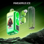 Zielone bezprzewodowe słuchawki douszne i etui ładujące oznaczone 'AIRMEZ' z ilustracją ponurego żniwiarza z kapturem i tekstem 'X BEATS PINEAPPLE ICE', unoszące się nad skalistym terenem z zielonym gradientowym tłem i połączone niebieskimi łukami elektrycznymi.