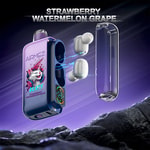 Bezprzewodowe słuchawki douszne z etui ładującym z grafiką przedstawiającą kota noszącego słuchawki oraz napisy 'AIRMEZ' i 'Beats Strawberry Watermelon Grape' unoszące się nad skalistą powierzchnią na fioletowo-niebieskim tle, przedstawiające efekty energii elektrycznej łączące słuchawki z obudową.
