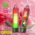 Two colorful Bang King disposable vape devices with watermelon flavor, one showing '40000 puffs' text and the other featuring an illustrated monkey wearing a red cap, set against a splashing watermelon background with product details including Type-C charging, 1000mAh battery, and 1.0Ω mesh coil