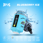 Ein blaues Dampfgerät mit der Aufschrift 'Blueberry Ice' mit einem Display, das die Anzahl der Züge anzeigt, umgeben von Wasserspritzern und Blaubeeren, und Funktionen wie einen 2200-mAh-Akku und ein 360-Grad-Regulierventil hervorhebt.