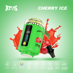 Ein leuchtend grünes Verdampfergerät mit der Aufschrift 'CHERRY ICE' mit Kirschen und roten Flüssigkeitsspritzern im Hintergrund, das die Produktfunktionen wie einen 2200-mAh-Akku und eine Digitalanzeige vor einem hellgrünen Hintergrund präsentiert.
