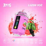 Ein rosa Dampfgerät mit der Aufschrift 'LUSH ICE' und einer farbenfrohen Wassermelonenillustration, umgeben von Flüssigkeitsspritzern, mit Funktionen wie einer Digitalanzeige, einer Kapazität von 12.000 Zügen und einem schwarzen Mundstück auf einem leuchtend rosa Hintergrund.