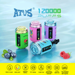 Eine farbenfrohe Präsentation von vier Dampfgeräten von ATUS, die Funktionen wie eine große Akkukapazität und anpassbare Einstellungen vor einem wässrigen Hintergrund mit Geschmacksnoten von Kirsche und Blaubeere präsentieren.