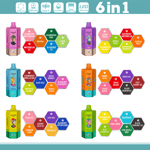 A colorful display of vape bottles labeled with six flavors each, featuring names like Strawberry Watermelon, Blue Razz, and Gummy Bear, along with details such as a 650 mAh battery and a dual mesh coil system, arranged in a grid layout with vibrant graphics.