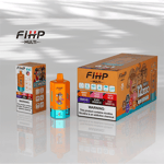 An orange and teal vaping device labeled 'FIHP' with a cartoon character on it, displayed beside its colorful packaging, which highlights different flavors and includes a warning about nicotine addiction, all set against a reflective silver surface.