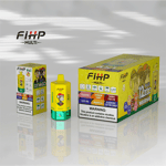 A vibrant display of FIHP MULTI vape products featuring a yellow and green box labeled '6 in 1' and a larger box advertising '12,000 puffs' with various flavor options.