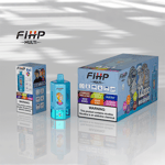 A product display featuring a blue vape device labeled 'FiHP 6in1' alongside its colorful packaging, which highlights various flavor options like Strawberry Vanilla, Pineapple Coconut, and Blue Razz, with a warning about nicotine addiction prominently shown.