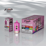 A colorful display of FIHP Multi vaping products, featuring a box and a bottle, with vibrant graphics listing flavors like Strawberry Watermelon, Watermelon Ice, and Blueberry Ice, along with warnings about nicotine addiction; the reflective surface adds a modern touch.