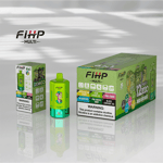 A display showing a green and colorful vape product labeled 'FIHP Multi', alongside a box indicating it offers 12,000 puffs and various flavors like watermelon lemon and glacier ice, with a warning about nicotine.