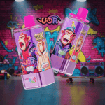 Two colorful vape juice bottles featuring anthropomorphic monkeys, with vibrant designs and playful expressions; one bottle labeled '120K' contains 'Blueberry Ice', while the other, labeled '4in1', lists flavors that include 'Peach Mango Watermelon' and 'Passion Kiss'; set against a graffiti-style urban background.