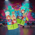 Two brightly-colored vape juice bottles featuring cartoon monkey characters, one dressed as a chef and the other in urban clothing, set against a graffiti-covered wall with colorful designs and musical elements in the background.