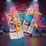 A vibrant display featuring two colorful vape juice bottles with cartoon monkeys, one wearing headphones and the other in a blue hoodie, set against a graffiti-covered wall with neon accents; the labels include flavors like Blueberry Raspberry and Mixed Berry.